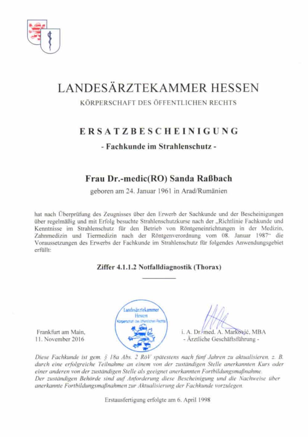 Bescheinigung Landesärztekammer Hessen - Fachkunde Strahlenschutz