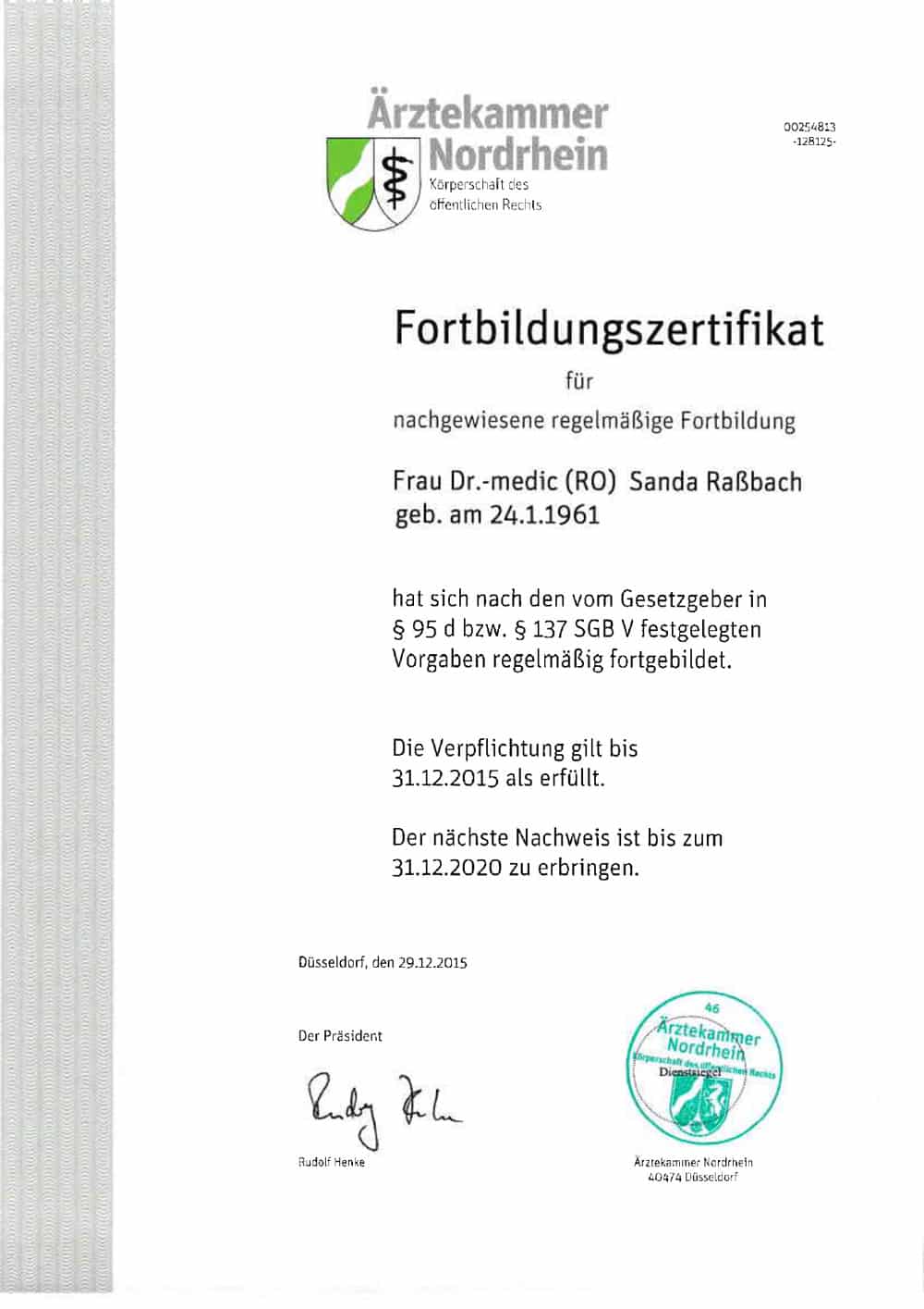 Fortbildungzertifikat Ärztekammer Nordrhein 2015